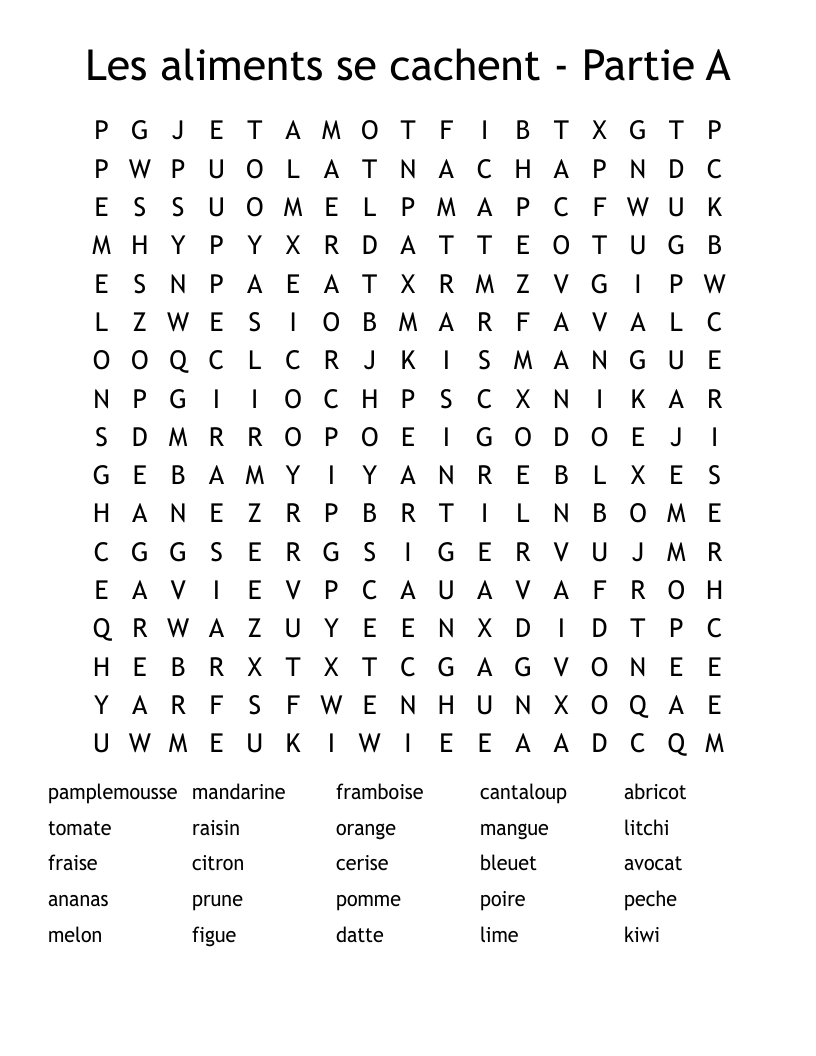Les aliments se cachent - Partie A Word Search