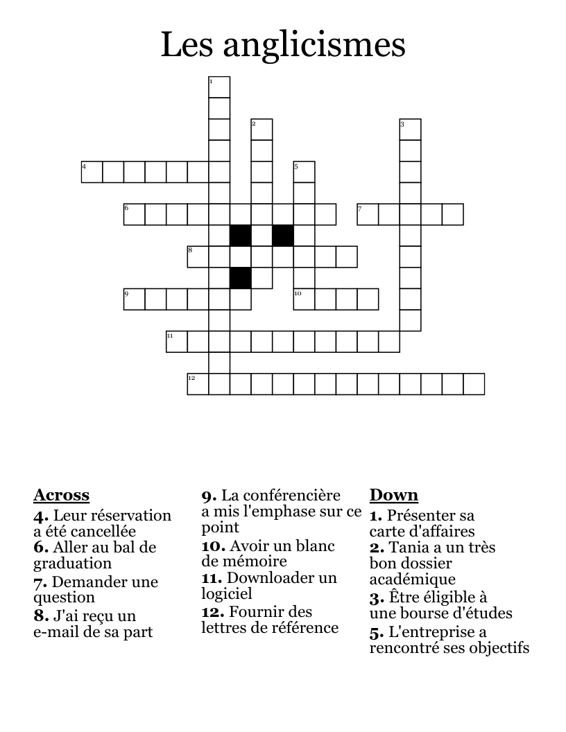Les anglicismes Crossword
