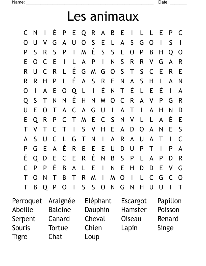 Les animaux Word Search