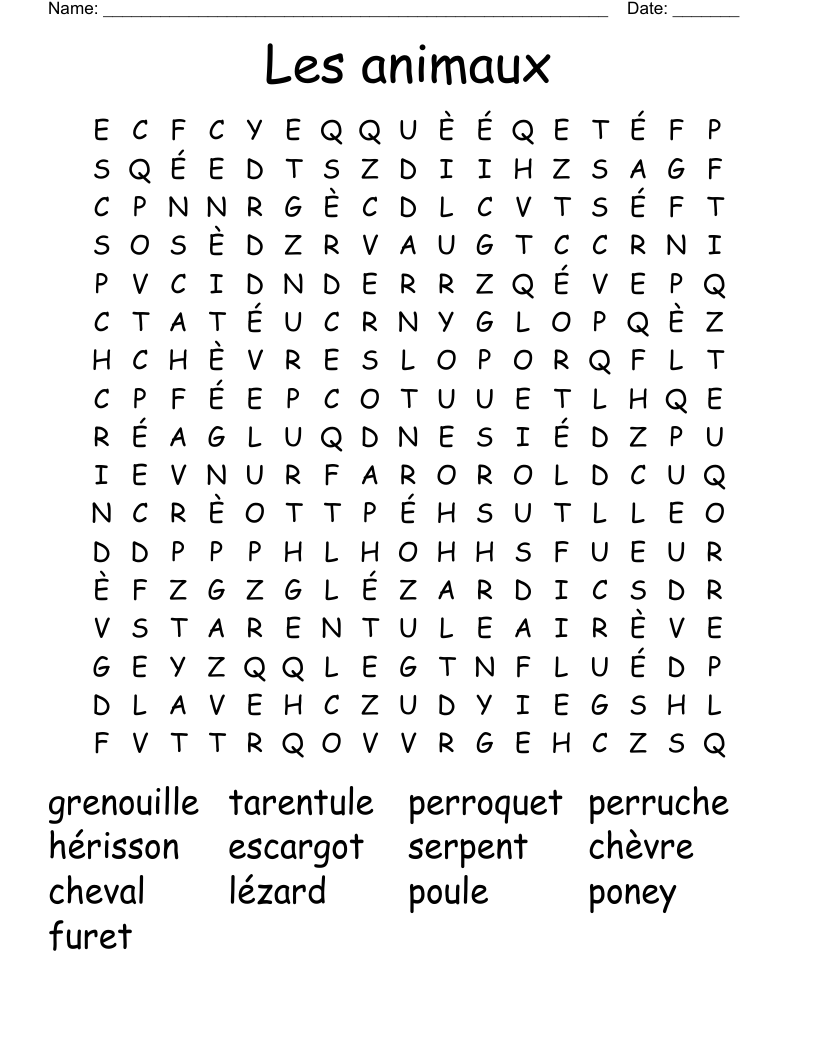 Les animaux Word Search