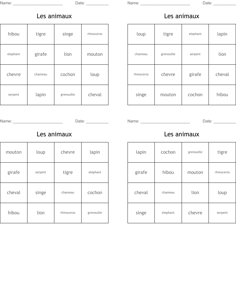 Les animaux Bingo Cards