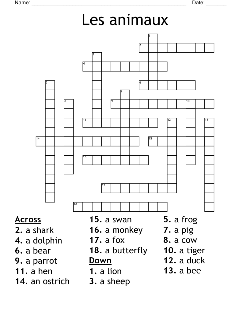 Les animaux Crossword