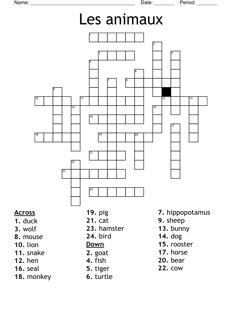 Les animaux Crossword