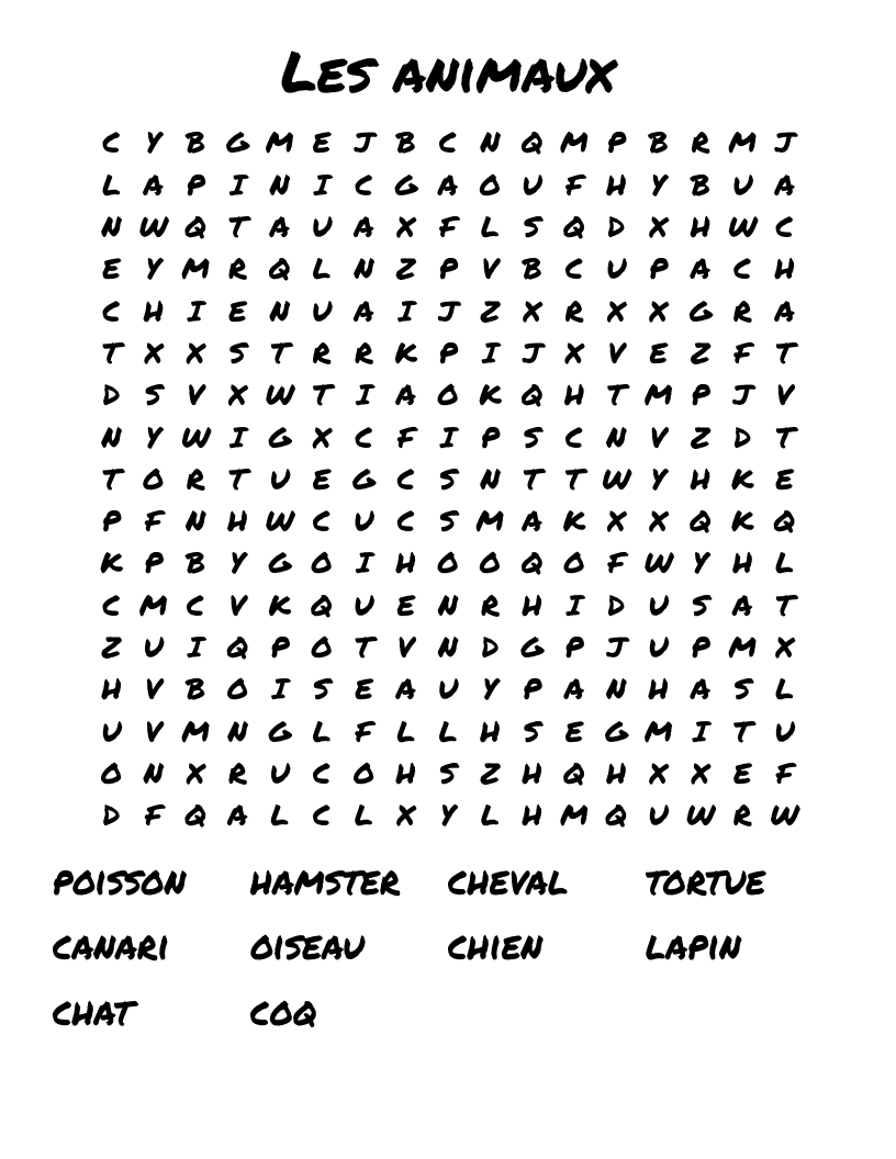 Les animaux Word Search