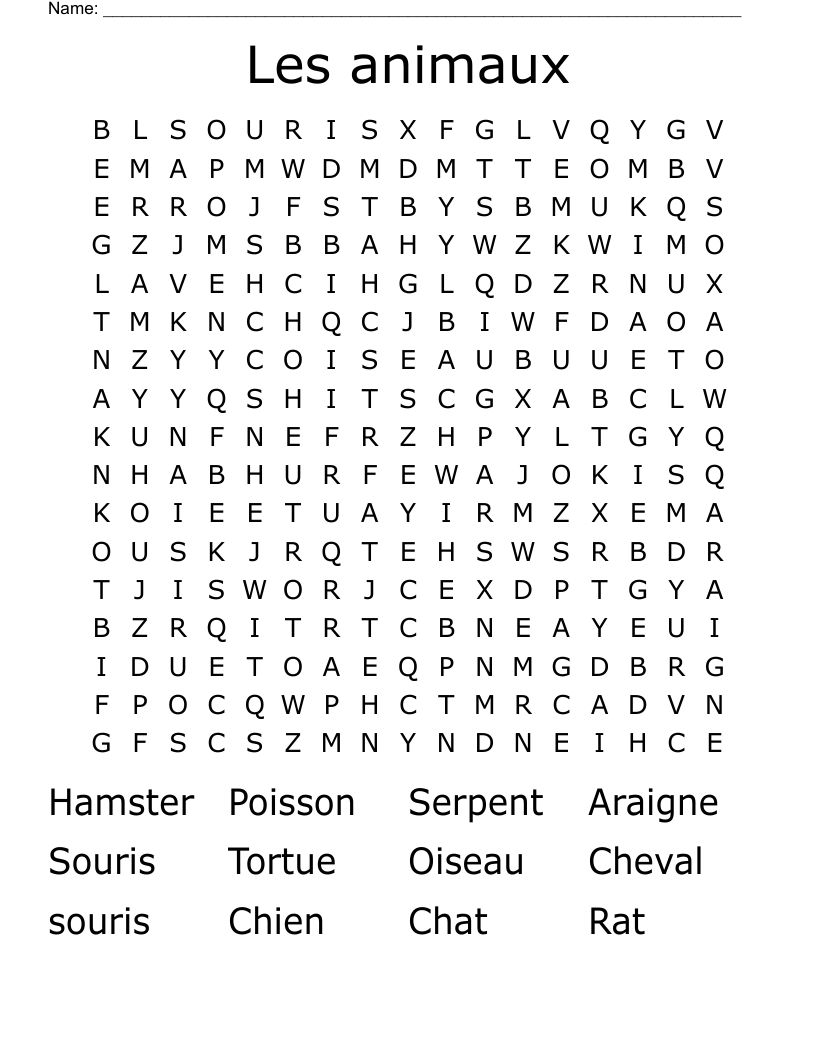 Les animaux Word Search