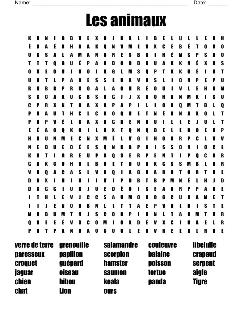 Les animaux Word Search