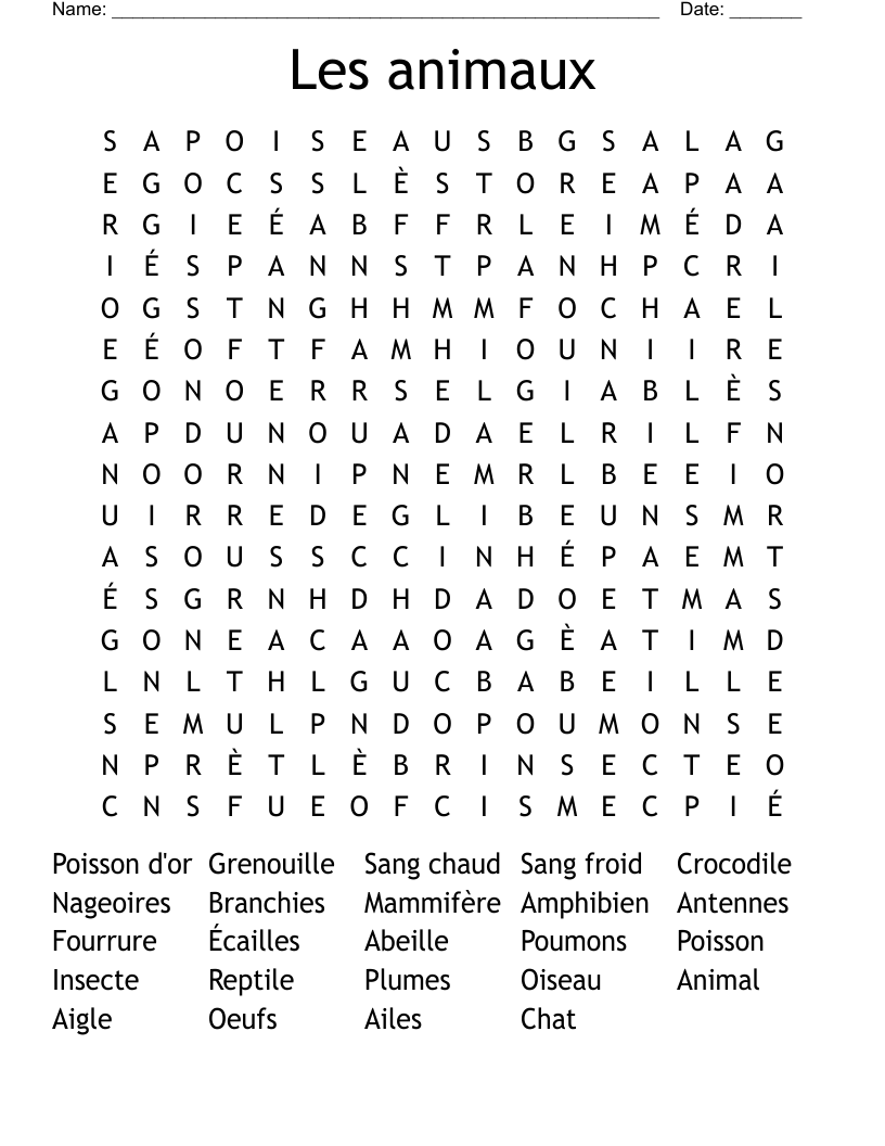 Les animaux Word Search