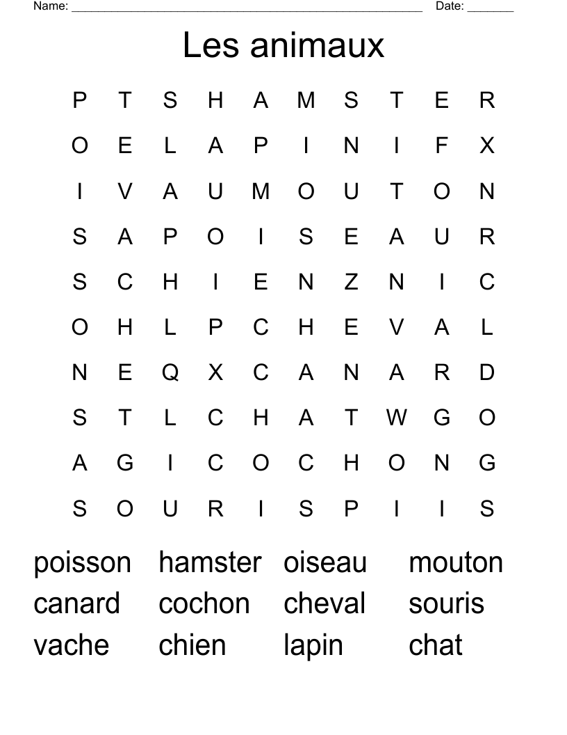 Les animaux Word Search