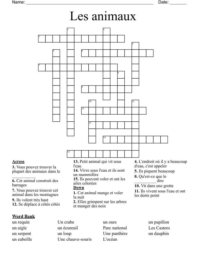 Les animaux Crossword
