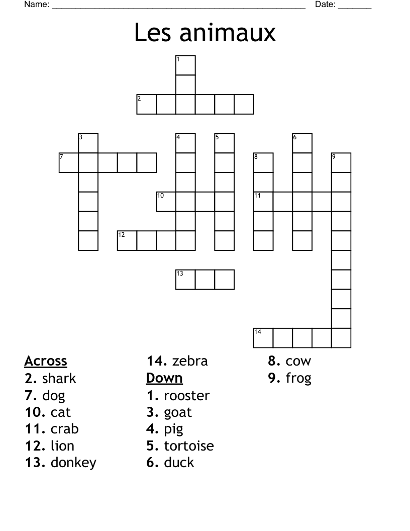 Les animaux Crossword