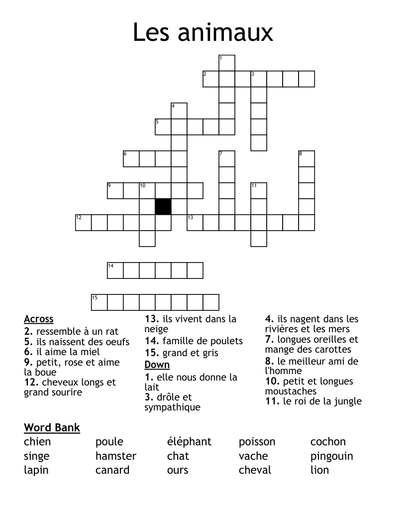Les animaux Crossword