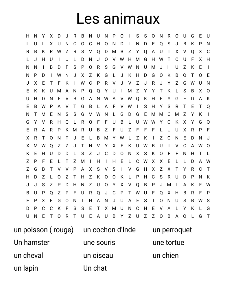 Les animaux  Word Search