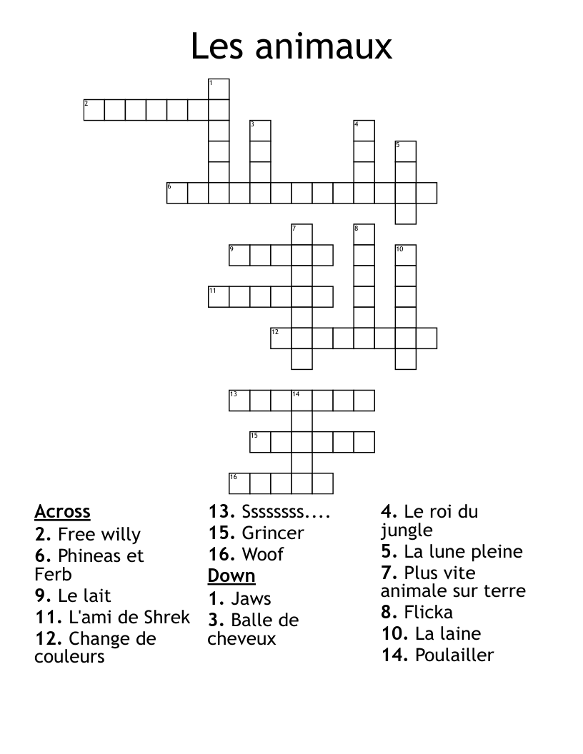 Les animaux  Crossword