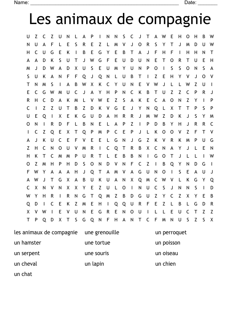 Les animaux de compagnie Word Search