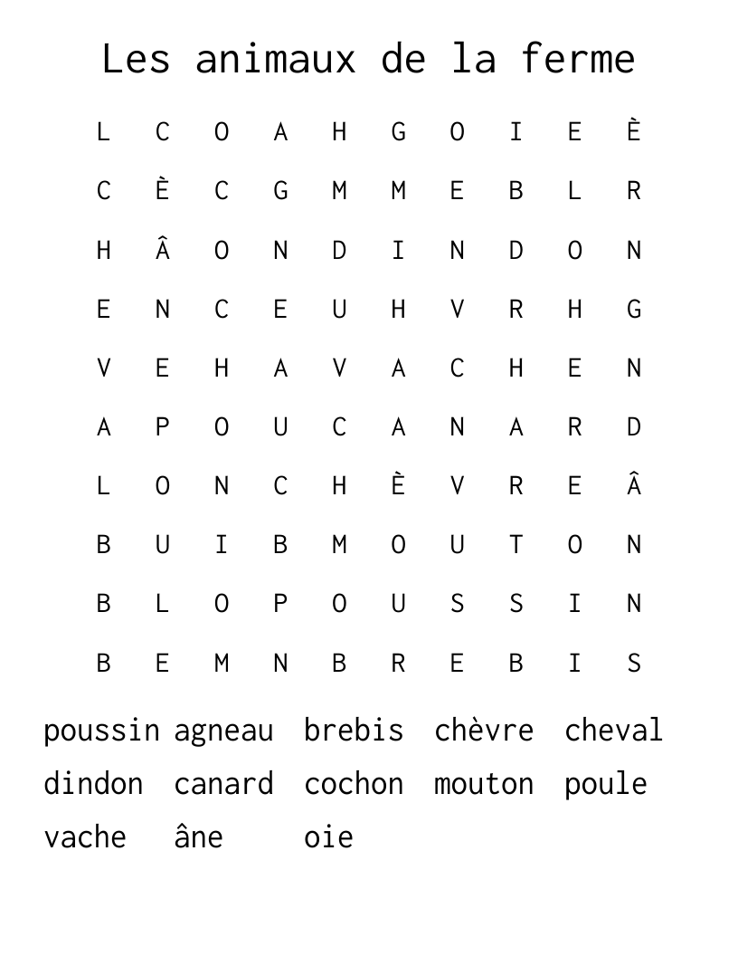 Les animaux de la ferme Word Search