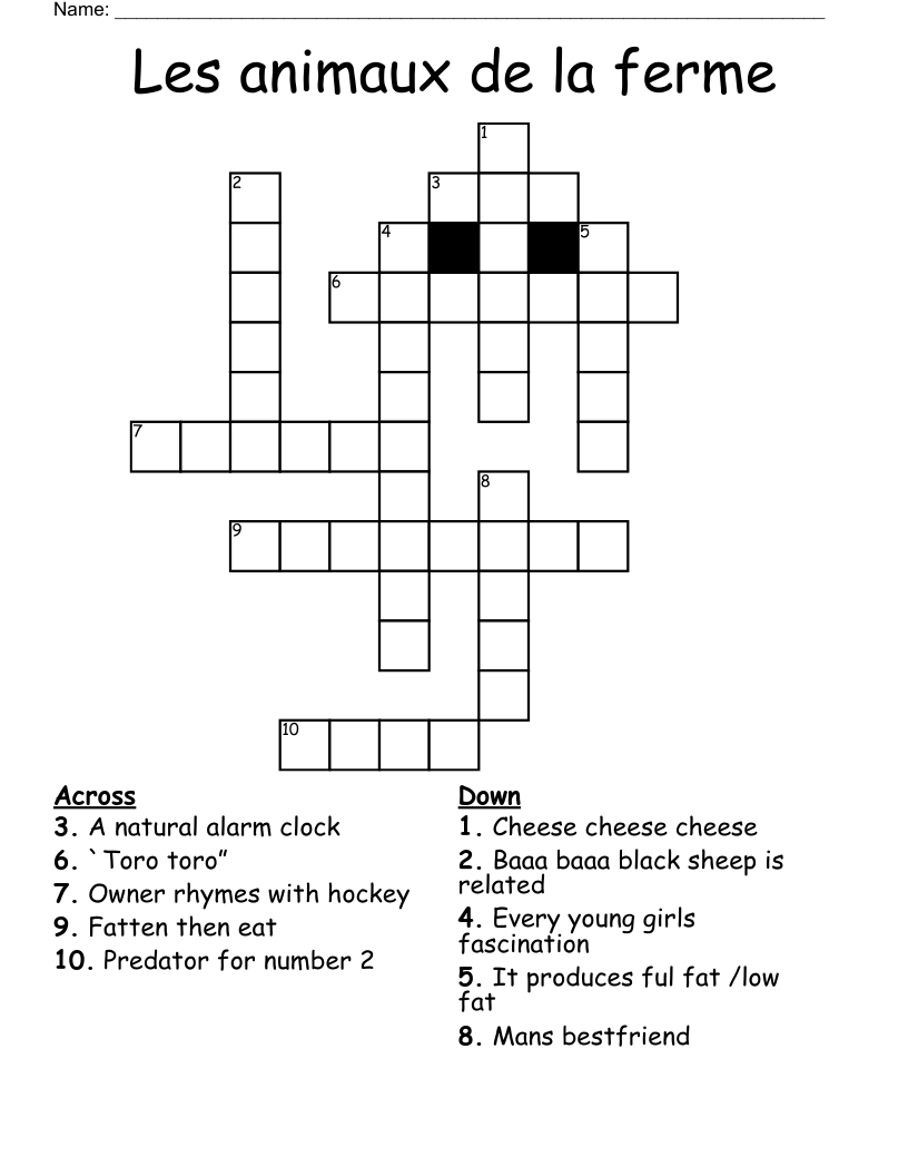 Les animaux de la ferme Crossword