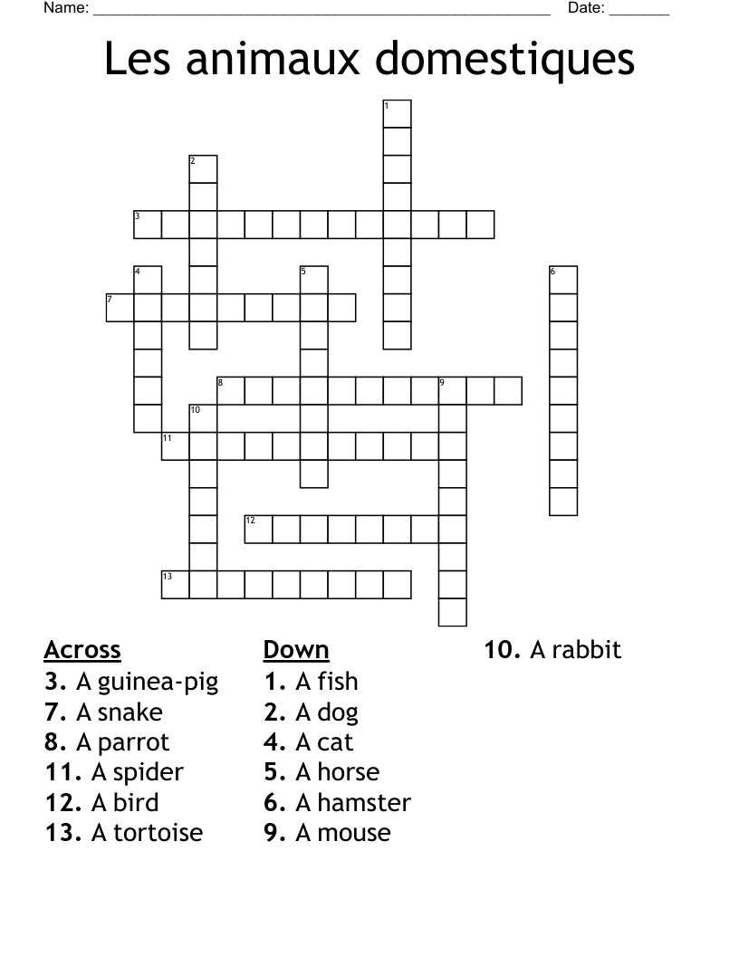 Les animaux domestiques Crossword