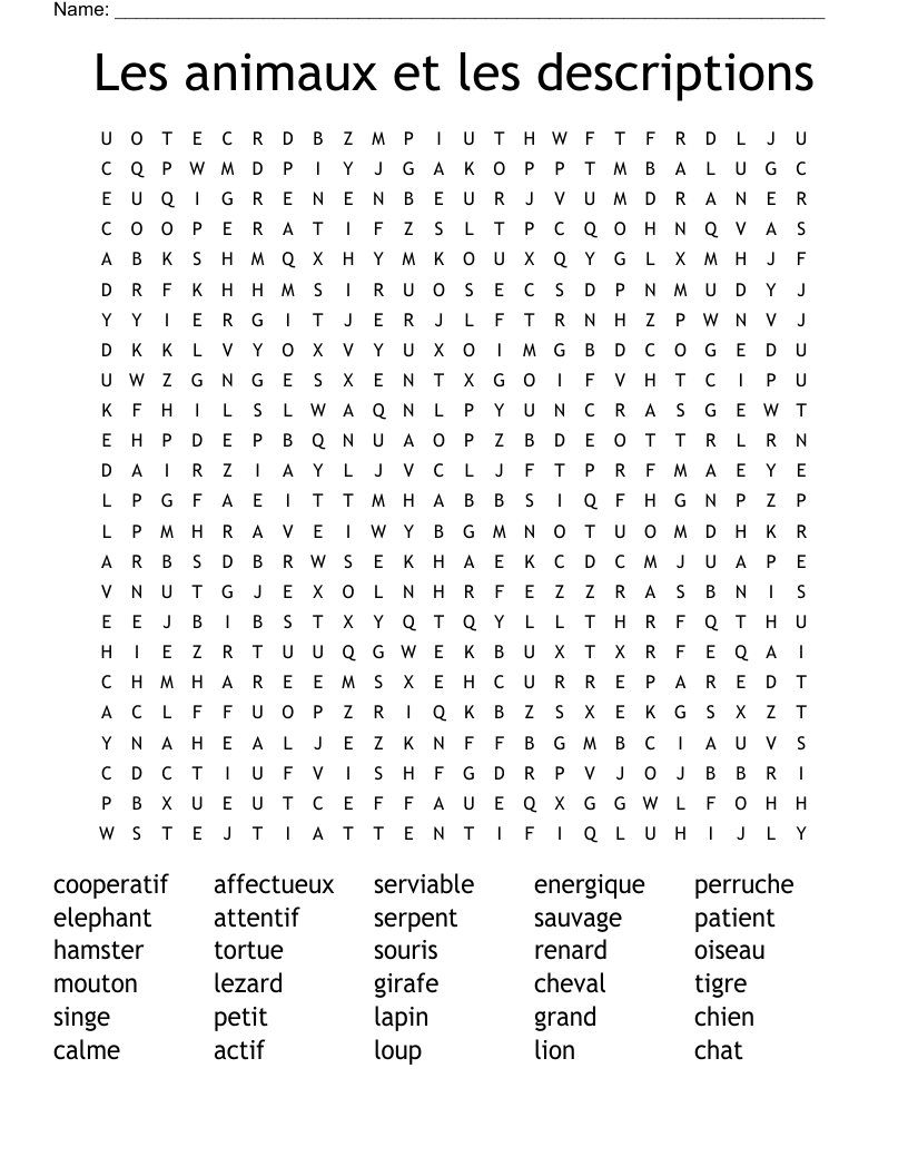 Les animaux et les descriptions Word Search