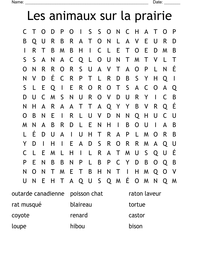 Les animaux sur la prairie Word Search
