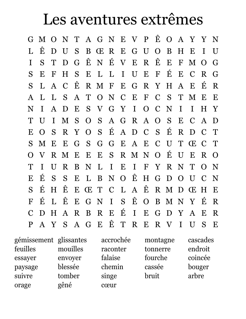 Les aventures extrêmes Word Search