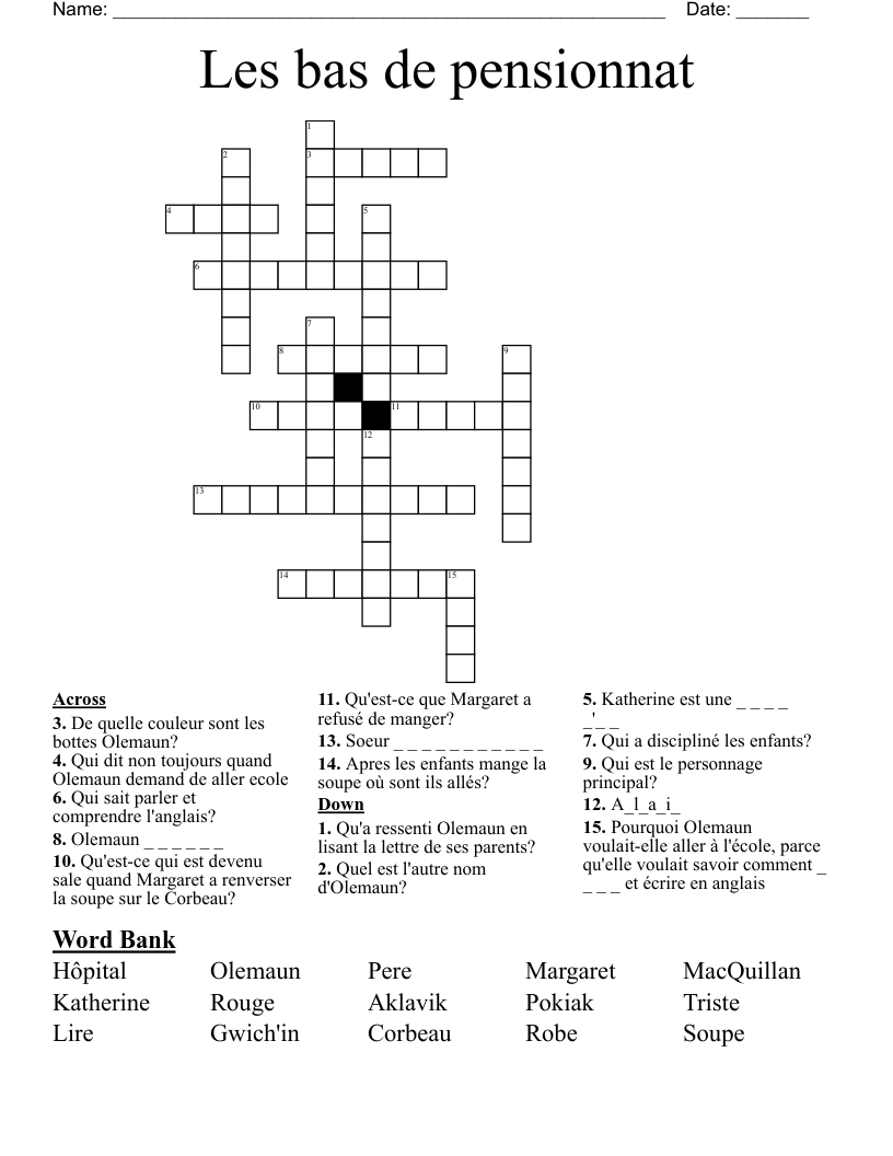 Les bas de pensionnat Crossword
