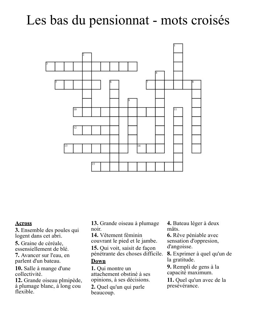 Les bas du pensionnat - mots croisés Crossword