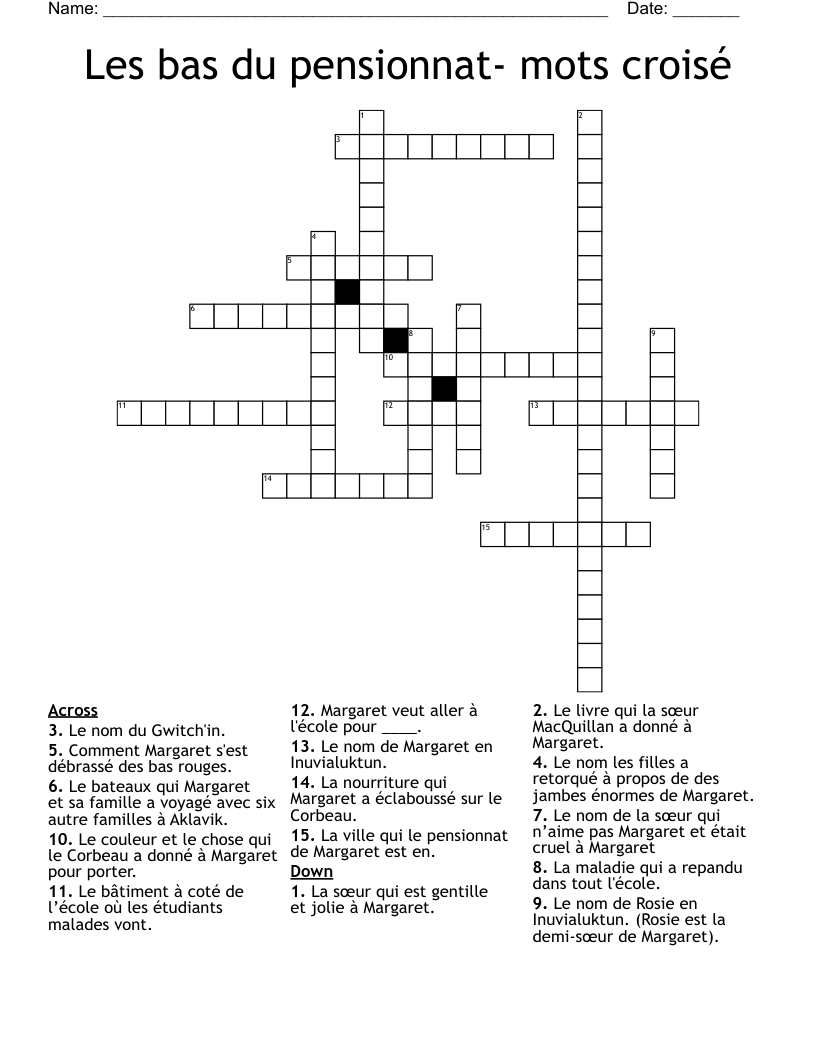 Les bas du pensionnat- mots croisé Crossword