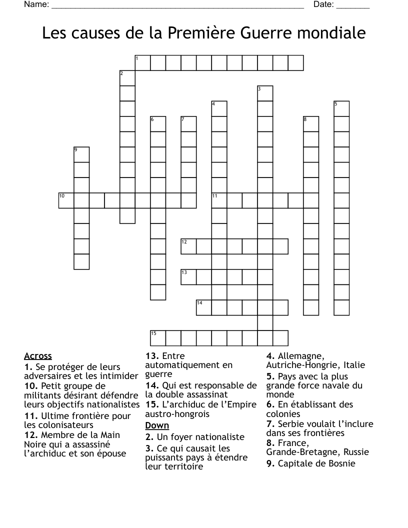 Les causes de la Première Guerre mondiale Crossword