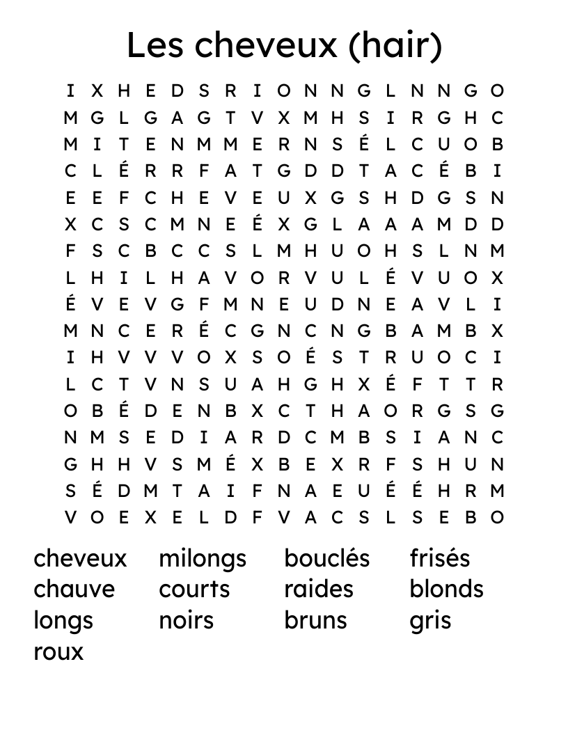 Les cheveux (hair) Word Search