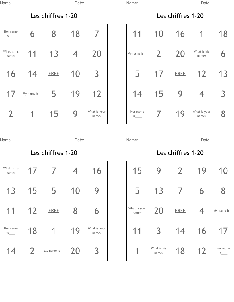 Les chiffres 1-20 Bingo Cards