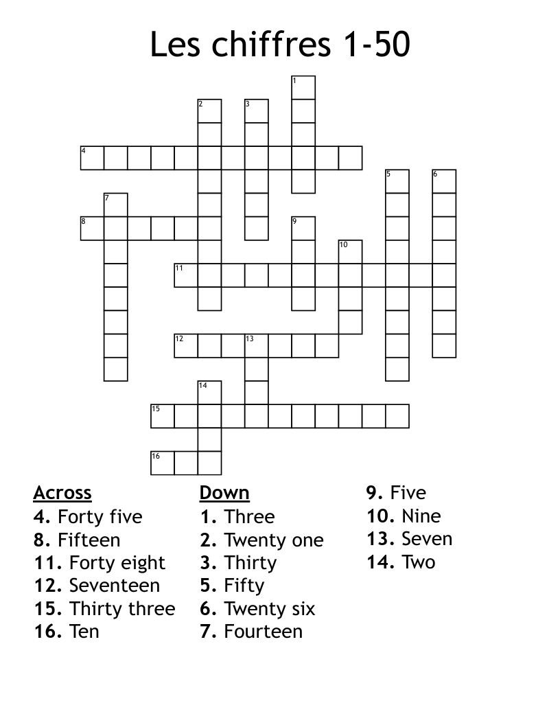 Les chiffres 1-50 Crossword