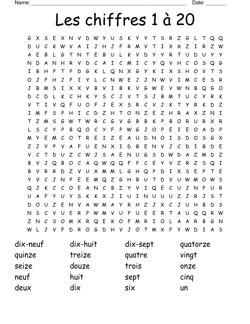 Les chiffres 1 à 20 Word Search