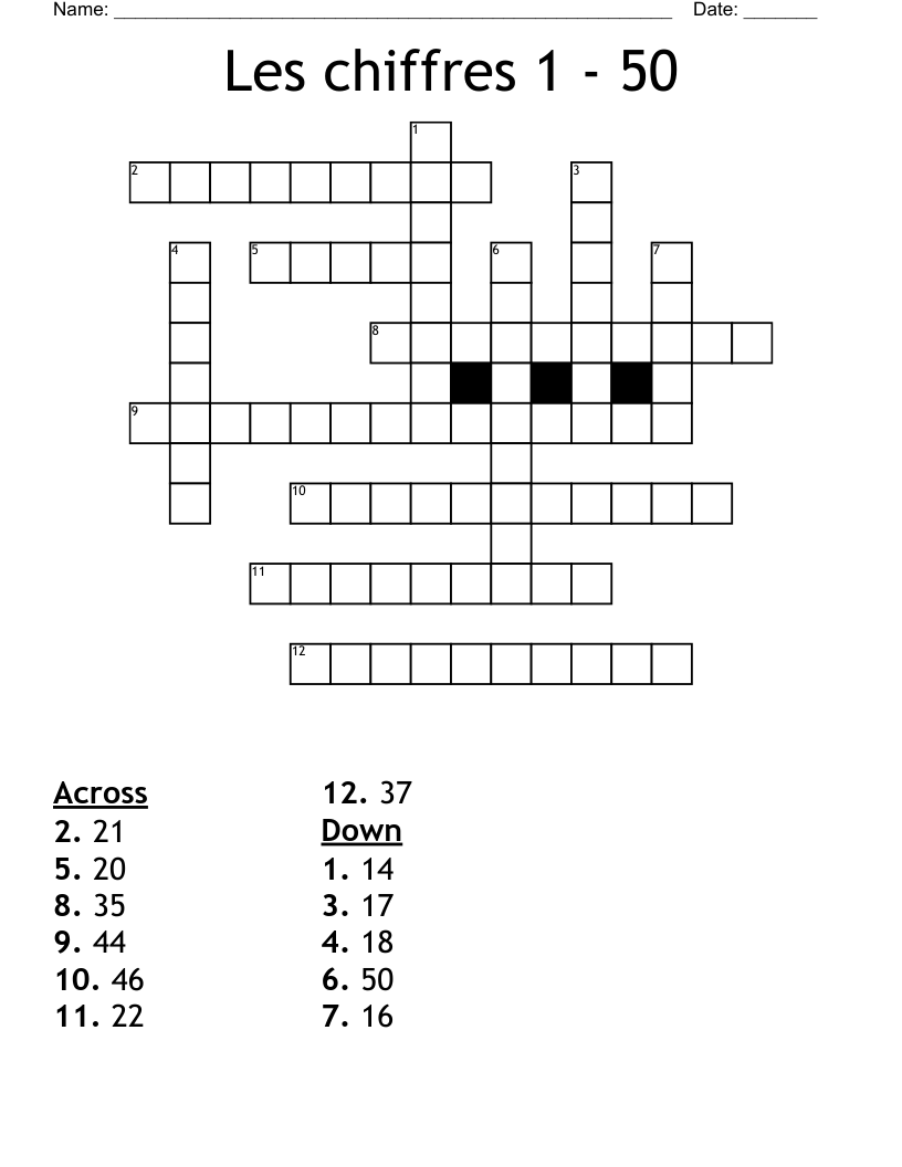Les chiffres 1 - 50 Crossword