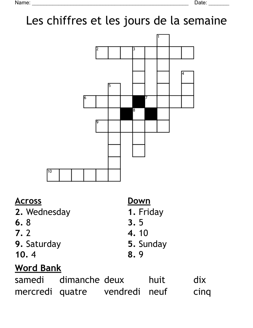 Les chiffres et les jours de la semaine Crossword