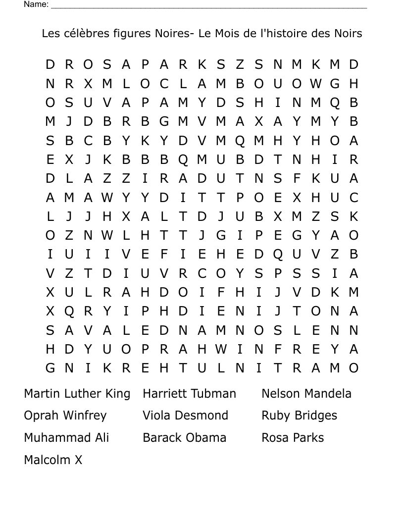 Les célèbres figures Noires- Le Mois de l'histoire des Noirs Word Search