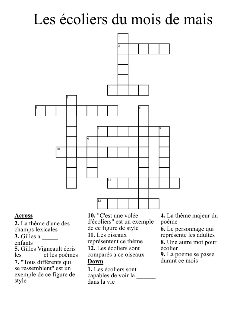 Les écoliers du mois de mais Crossword