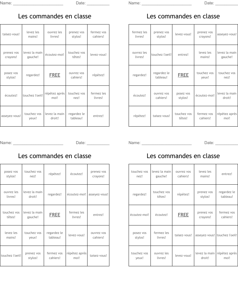 Les commandes en classe Bingo Cards