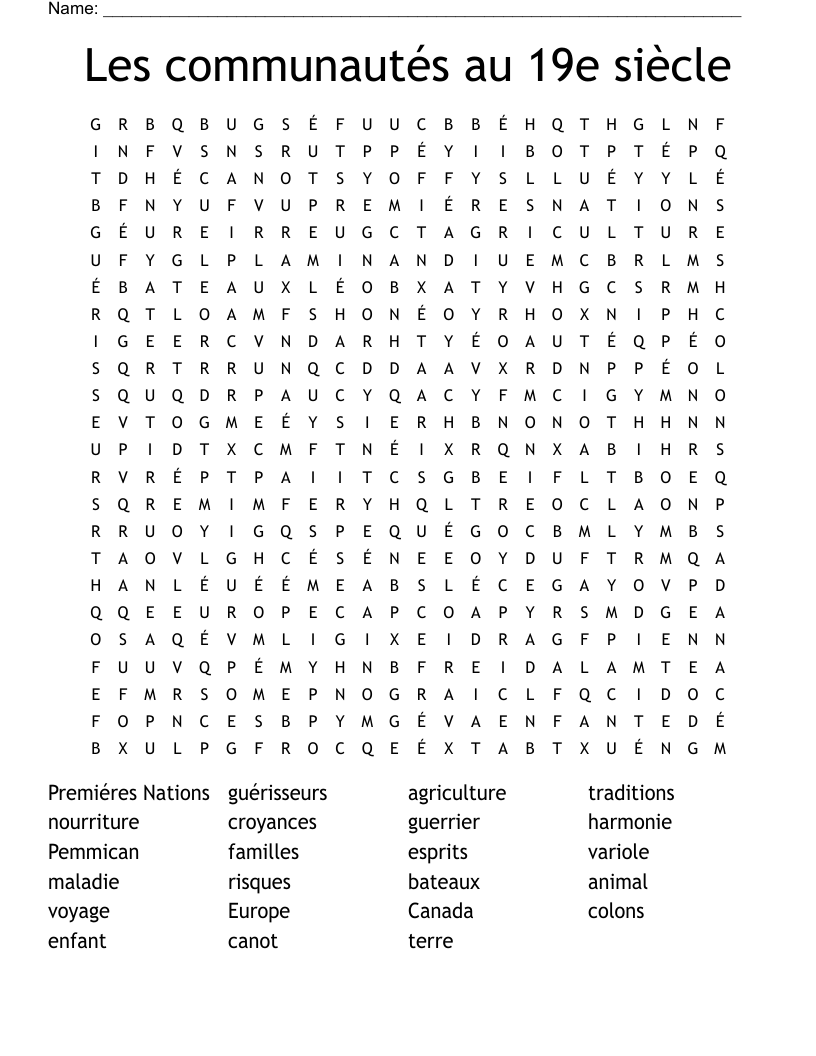 Les communautés au 19e siècle Word Search