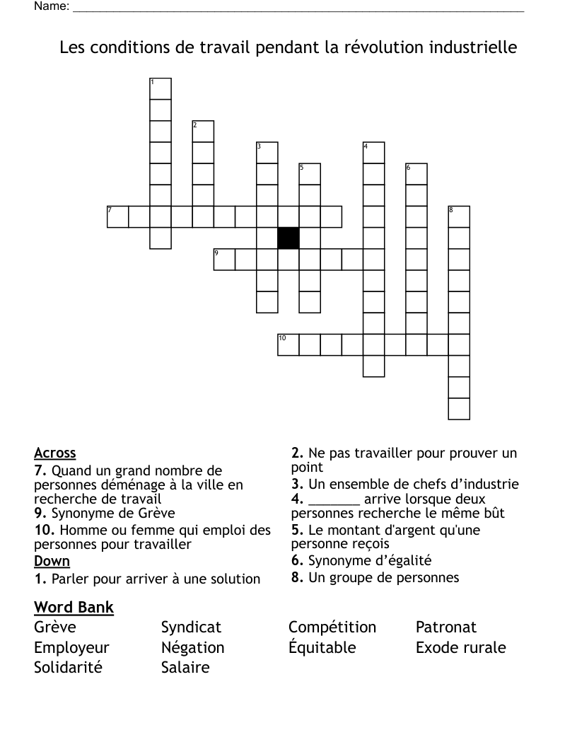 Les conditions de travail pendant la révolution industrielle Crossword