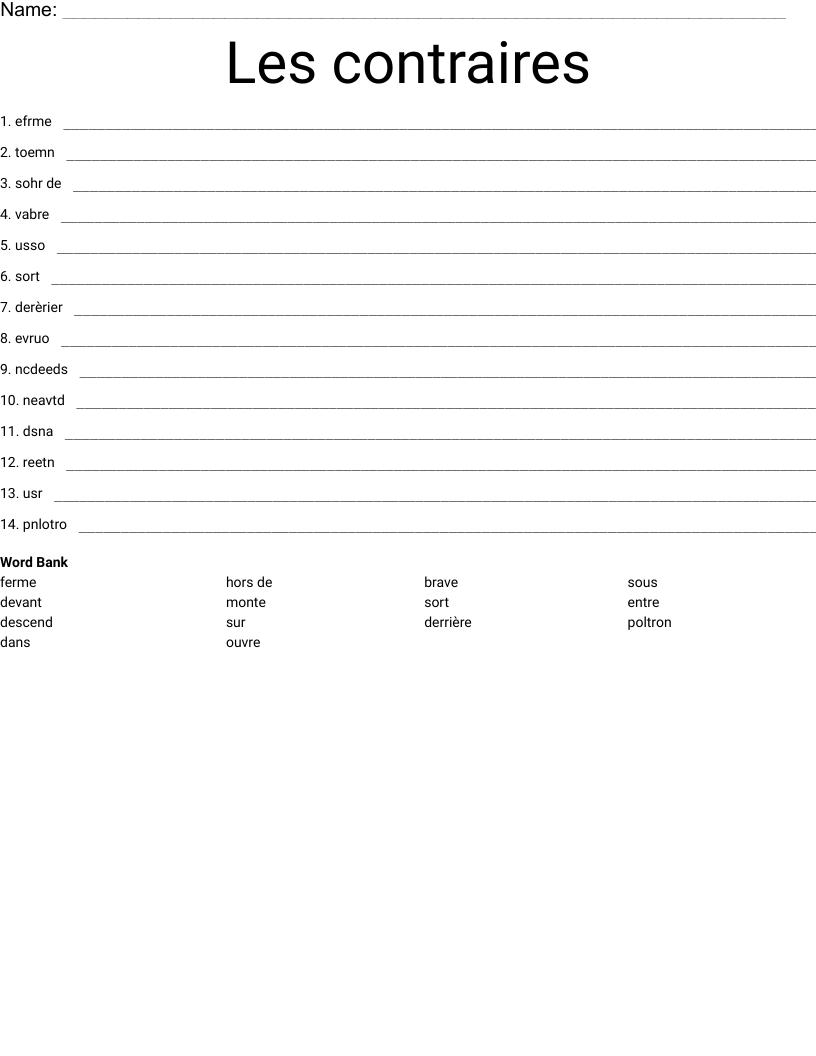 Les contraires Word Scramble