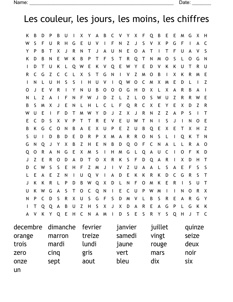 Les couleur, les jours, les moins, les chiffres Word Search
