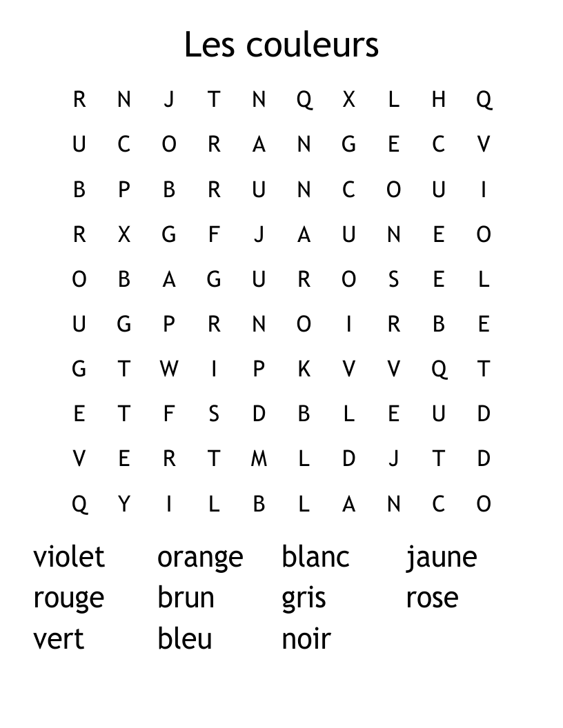 Les couleurs Word Search