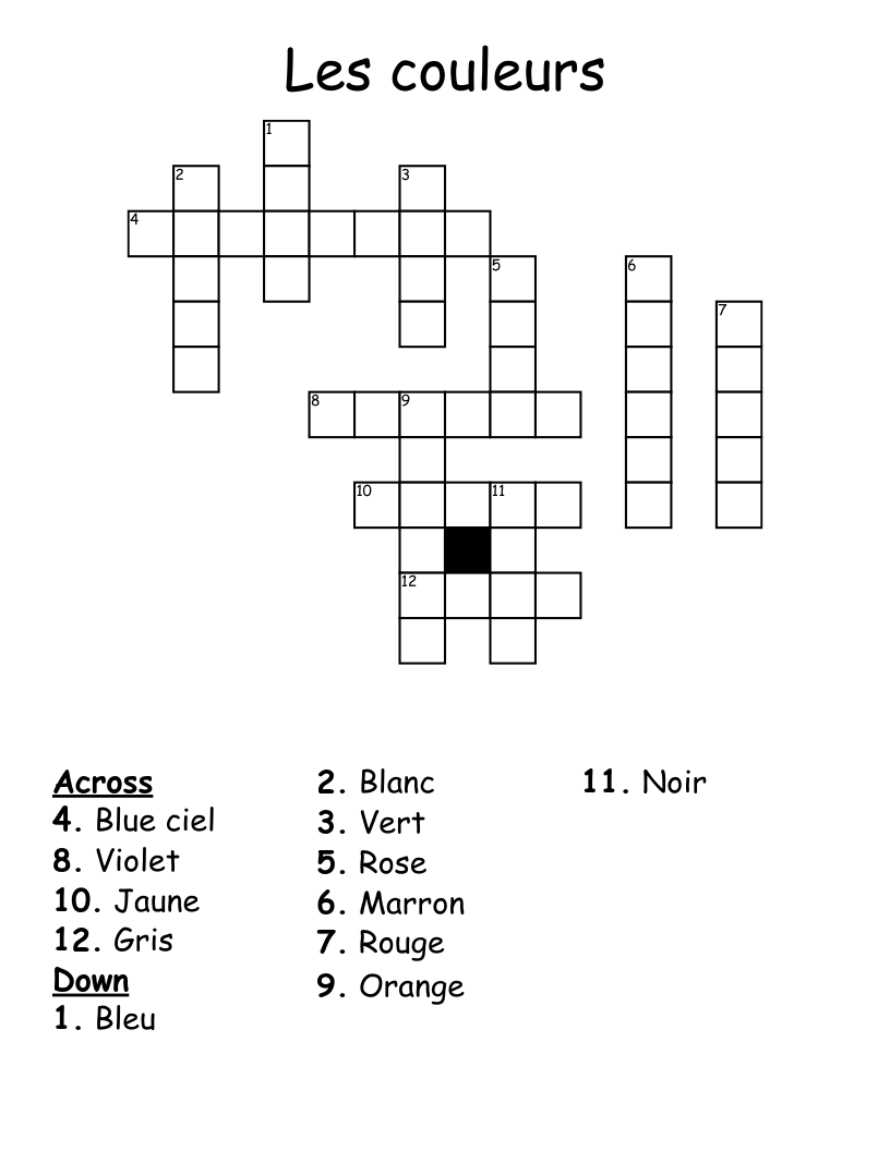 Les couleurs Crossword