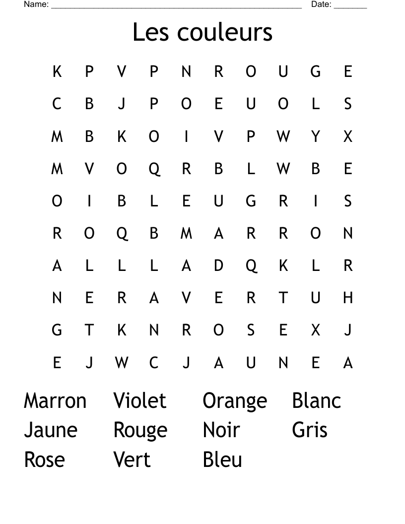 Les couleurs  Word Search