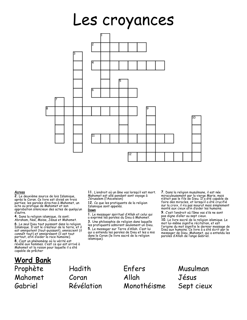 Les croyances Crossword
