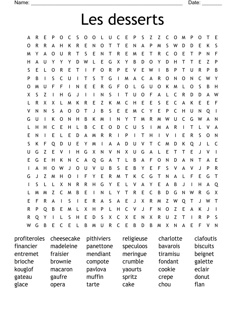Les desserts Word Search