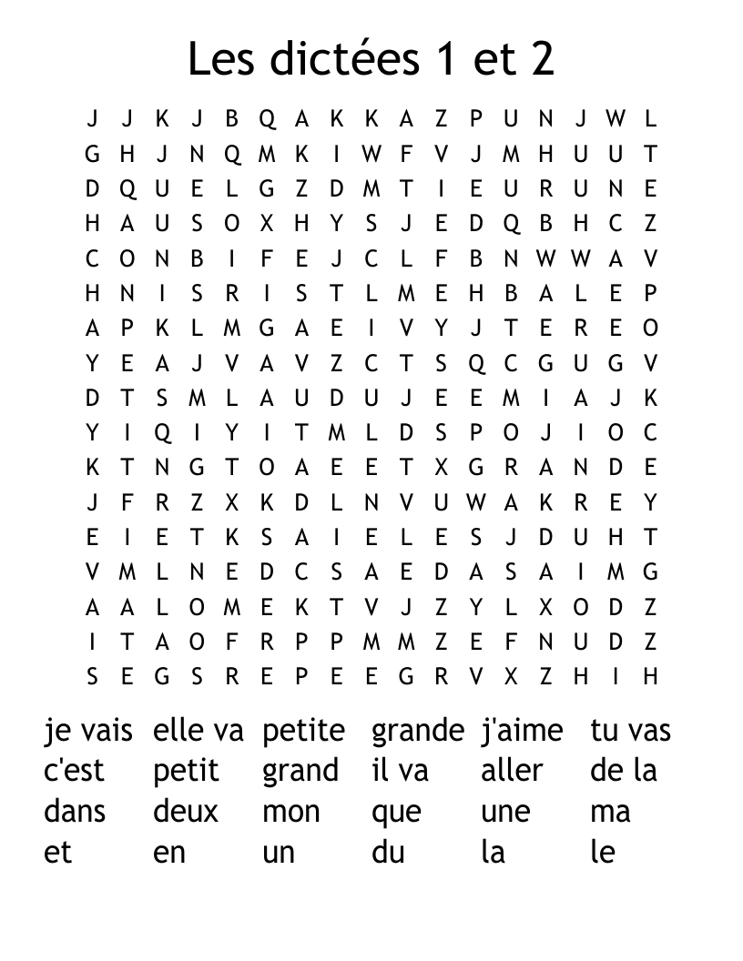 Les dictées 1 et 2 Word Search