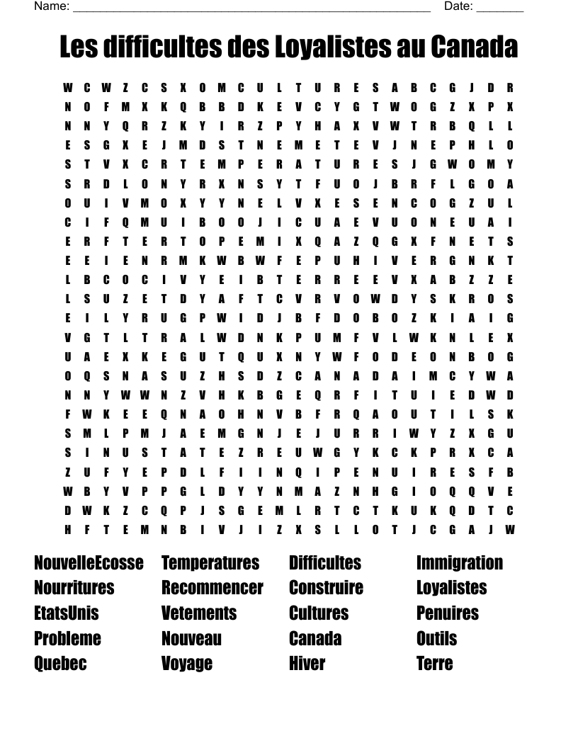 Les difficultes des Loyalistes au Canada Word Search