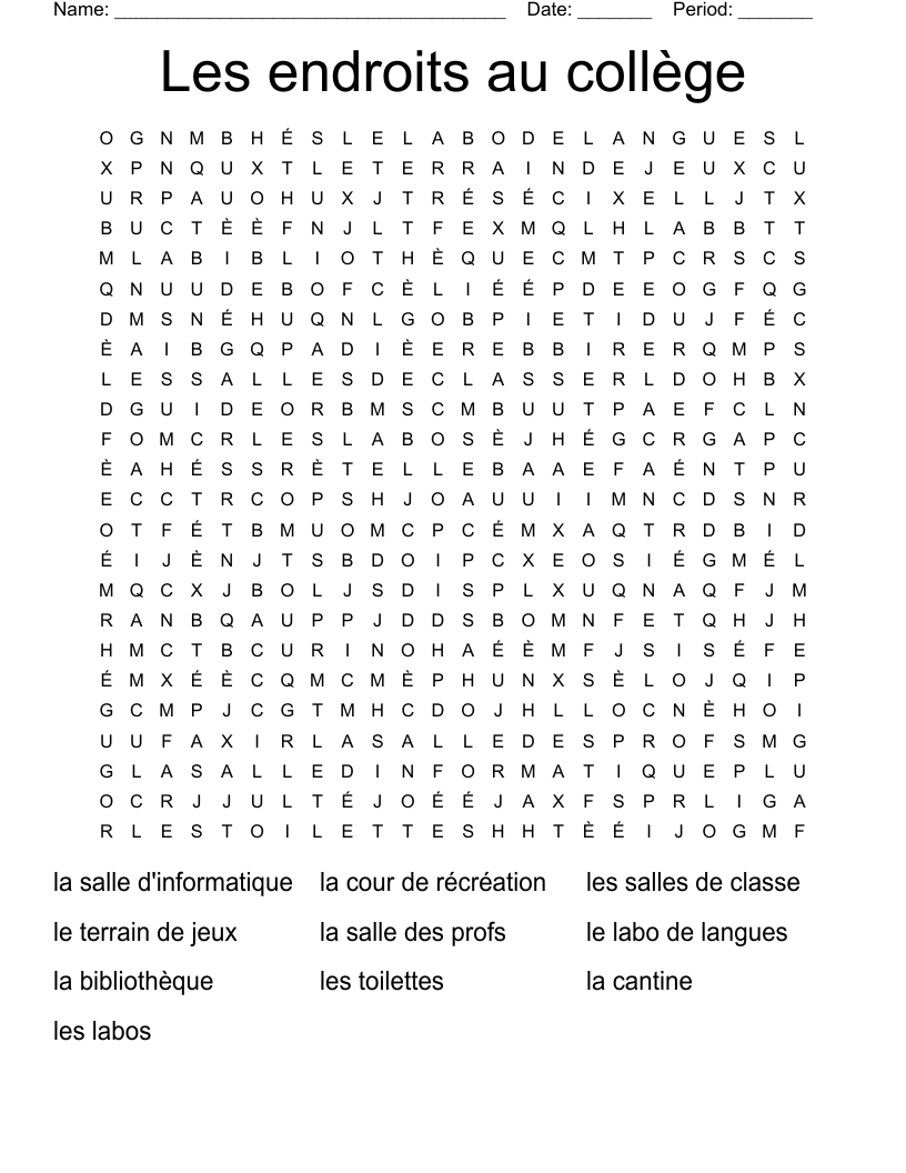 Les endroits au collège Word Search