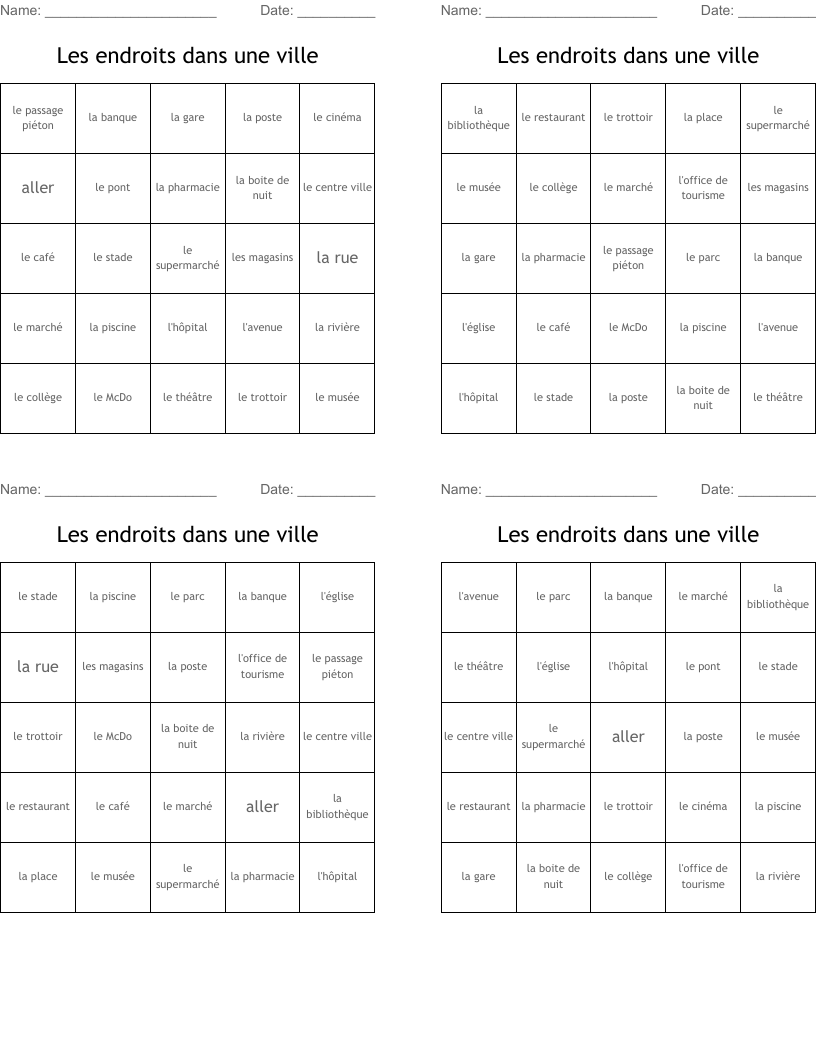 Les endroits dans une ville Bingo Cards